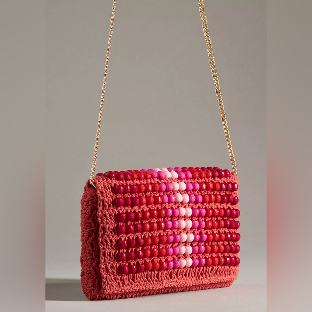 Anthropologie Pink & Red Beaded Crochet Crossbody Clutch
